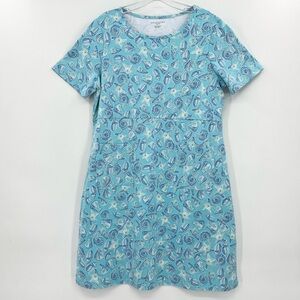Appleseed’s Ocean Blue Seashell Knit Mini T-Shirt Dress w/Pockets Petite Large
